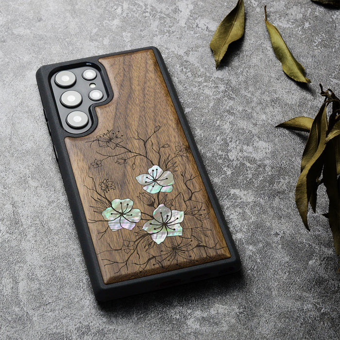 Whispering Sakura Blooms, Hand-Inlaid Wood & Mother of Pearl Case - Artisanal Cover for Samsung Galaxy