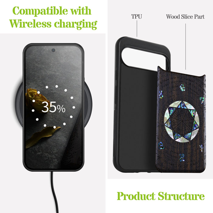 The Sacred Seals, Hand-Inlaid Wood & Mother of Pearl Case - Artisanal Cover for Google Pixel