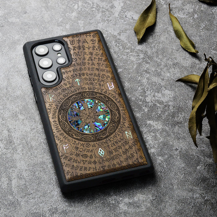 The Shield of Dragons and Awe, Hand-Inlaid Wood & Mother of Pearl Case - Artisanal Cover for Samsung Galaxy