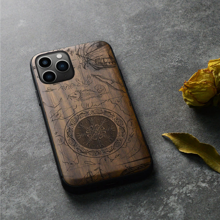 Viking Shield Amidst Maritime Treasures, Classic Engraved Wood & TPU Case - Artisanal Cover for Apple iPhone