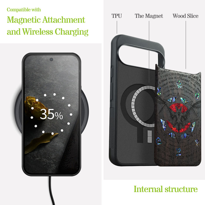 The Bat and the Octagonal Star, Hand-Inlaid Wood & Mother of Pearl Case - Artisanal Cover for Google Pixel