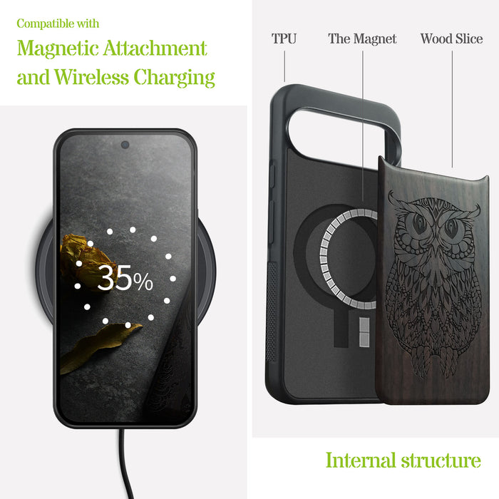 Owl Mandala, Classic Engraved Wood & TPU Case - Artisanal Cover for Google Pixel