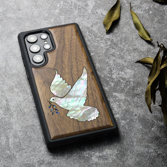 The Dove with Olive Branch, Hand-Inlaid Wood & Mother of Pearl Case - Artisanal Cover for Samsung Galaxy