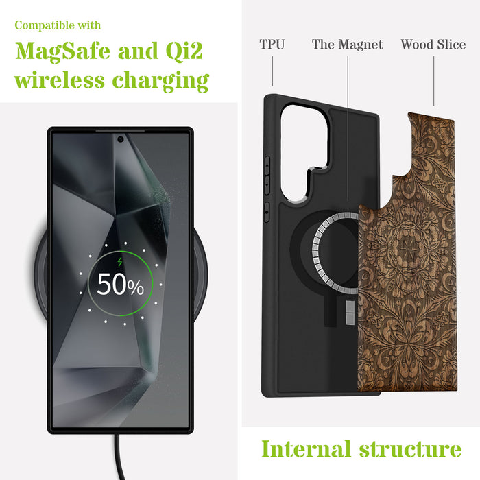 Vintage Damask engraved in Wood, Classic Engraved Wood & TPU Case - Artisanal Cover for Samsung Galaxy