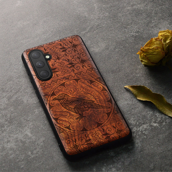 The Zentangle Crow, Classic Engraved Wood & TPU Case - Artisanal Cover for Samsung Galaxy