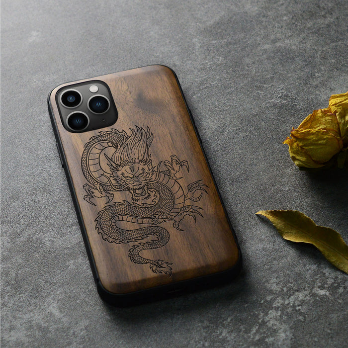 The Oriental Dragon, Classic Engraved Wood & TPU Case - Artisanal Cover for Apple iPhone