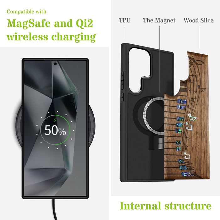 Melodic Wave Symphony, Hand-Inlaid Wood & Mother of Pearl Case - Artisanal Cover for Samsung Galaxy