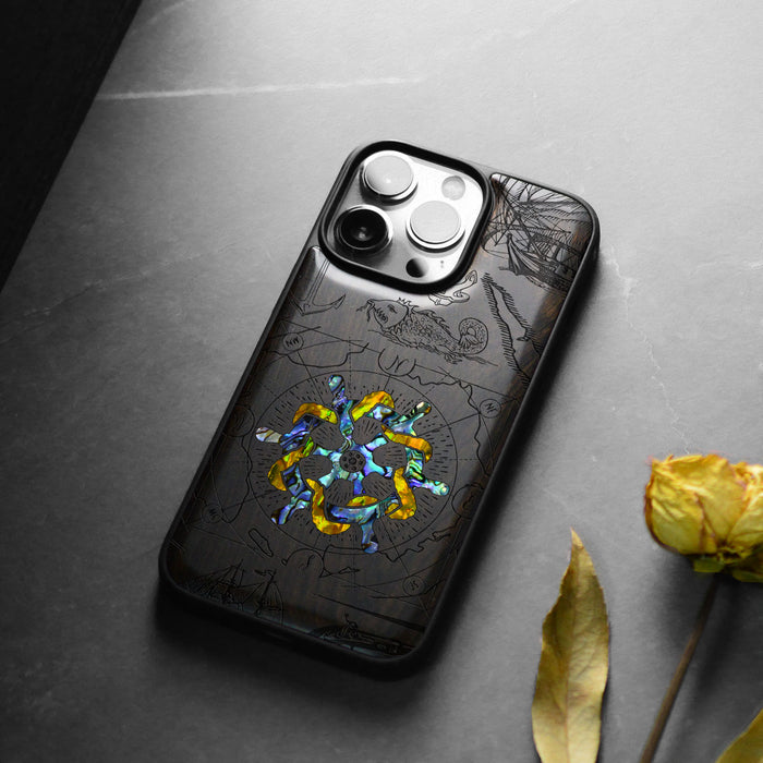 Journey of the Mariner, Hand-Inlaid Wood & Mother of Pearl Case - Artisanal Cover for Apple iPhone