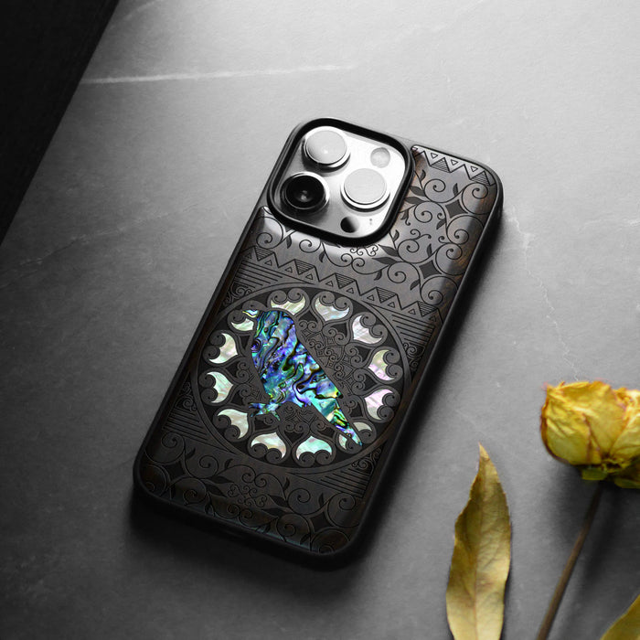 The Zentangle Crow, Hand-Inlaid Wood & Mother of Pearl Case - Artisanal Cover for Apple iPhone