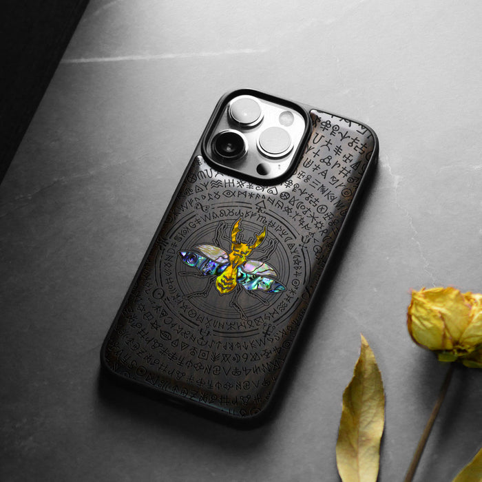 Mystical Armor, Hand-Inlaid Wood & Mother of Pearl Case - Artisanal Cover for Apple iPhone