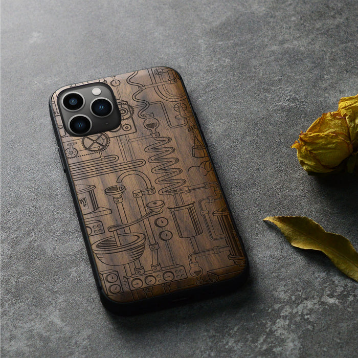 A Retro Industrial Tapestry in Vector Linework, Classic Engraved Wood & TPU Case - Artisanal Cover for Apple iPhone