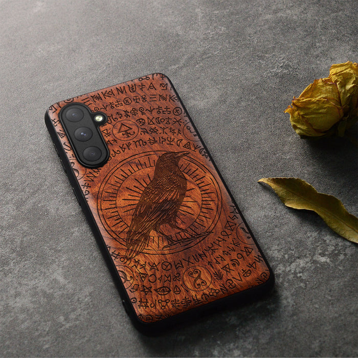 The Haloed Crow, Classic Engraved Wood & TPU Case - Artisanal Cover for Samsung Galaxy