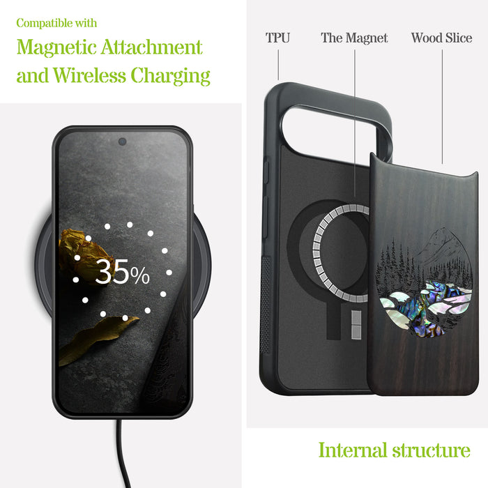 The Lake and Mountain Landscape, Hand-Inlaid Wood & Mother of Pearl Case - Artisanal Cover for Google Pixel