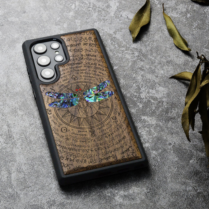 The Graceful Dragonfly, Hand-Inlaid Wood & Mother of Pearl Case - Artisanal Cover for Samsung Galaxy