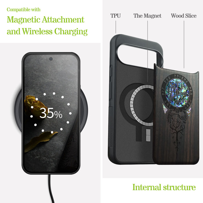 Eternal Compass Roots, Hand-Inlaid Wood & Mother of Pearl Case - Artisanal Cover for Google Pixel