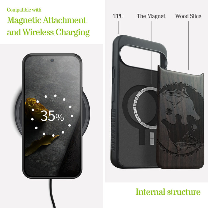Yin-Yang Wolf, Classic Engraved Wood & TPU Case - Artisanal Cover for Google Pixel