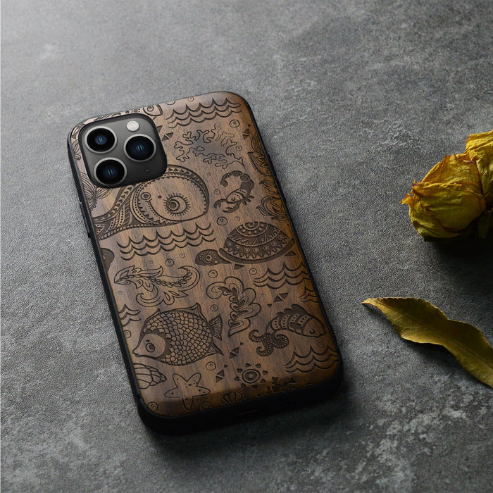 A Marine Mosaic, Classic Engraved Wood & TPU Case - Artisanal Cover for Apple iPhone