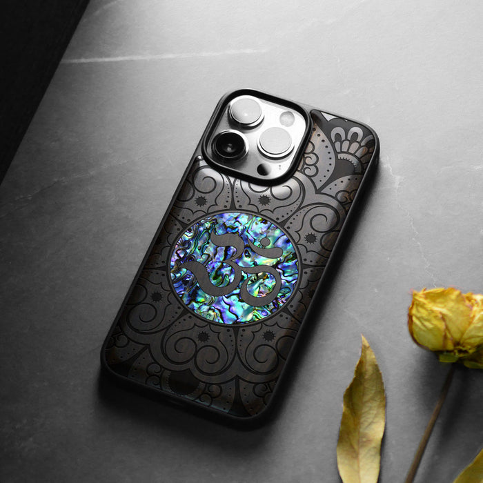 Eternal Om Mandala, Hand-Inlaid Wood & Mother of Pearl Case - Artisanal Cover for Apple iPhone