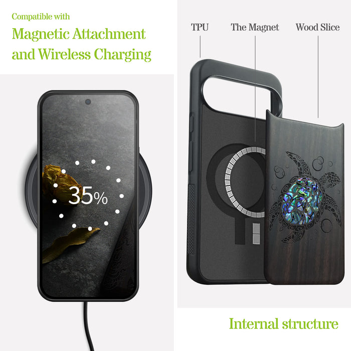 The Maori Turtle, Hand-Inlaid Wood & Mother of Pearl Case - Artisanal Cover for Google Pixel
