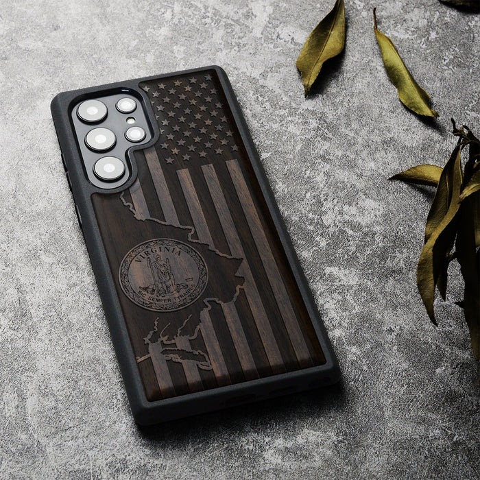 Virginia and Star Flag, Classic Engraved Wood & TPU Case - Artisanal Cover for Samsung Galaxy