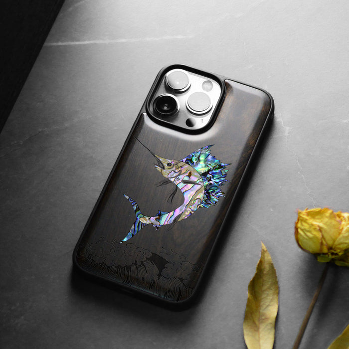 The Soaring Marlin, Hand-Inlaid Wood & Mother of Pearl Case - Artisanal Cover for Apple iPhone