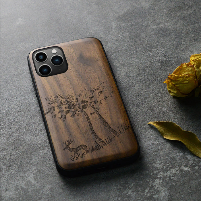 Lone Deer Amidst the Trees, Classic Engraved Wood & TPU Case - Artisanal Cover for Apple iPhone