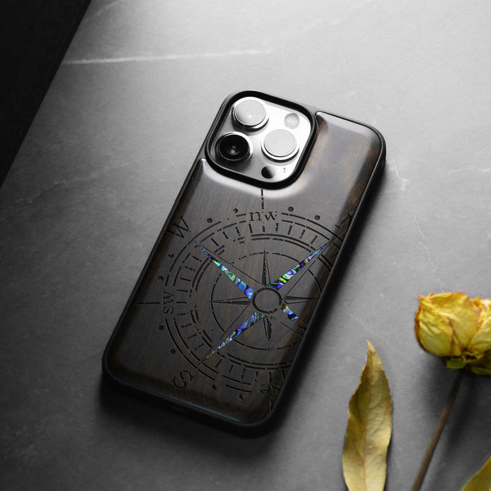 The Incomplete Compass, Hand-Inlaid Wood & Mother of Pearl Case - Artisanal Cover for Apple iPhone