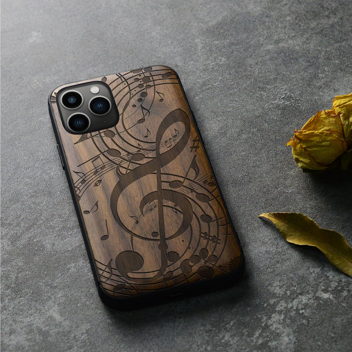 The Grand Clef and Musical Notes, Classic Engraved Wood & TPU Case - Artisanal Cover for Apple iPhone