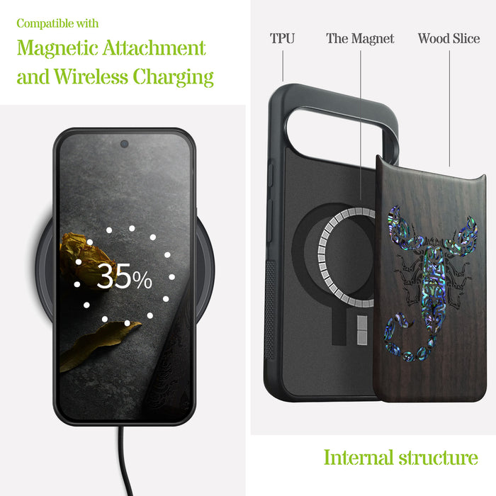 The Tribal Scorpion, Hand-Inlaid Wood & Mother of Pearl Case - Artisanal Cover for Google Pixel