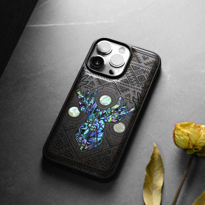 Aztec Geometric Deer, Hand-Inlaid Wood & Mother of Pearl Case - Artisanal Cover for Apple iPhone