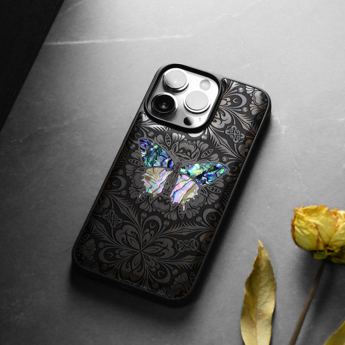 Baroque Butterfly, Hand-Inlaid Wood & Mother of Pearl Case - Artisanal Cover for Apple iPhone