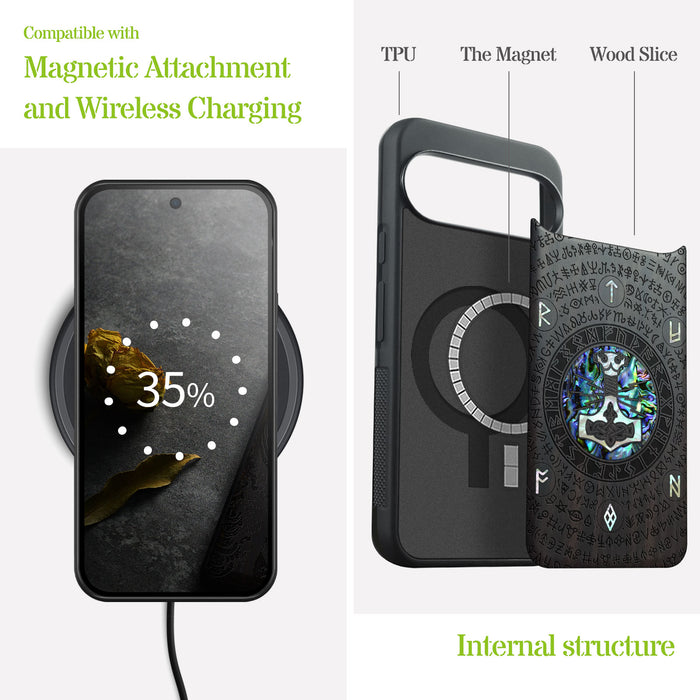 Mjölnir and the Runes, Hand-Inlaid Wood & Mother of Pearl Case - Artisanal Cover for Google Pixel