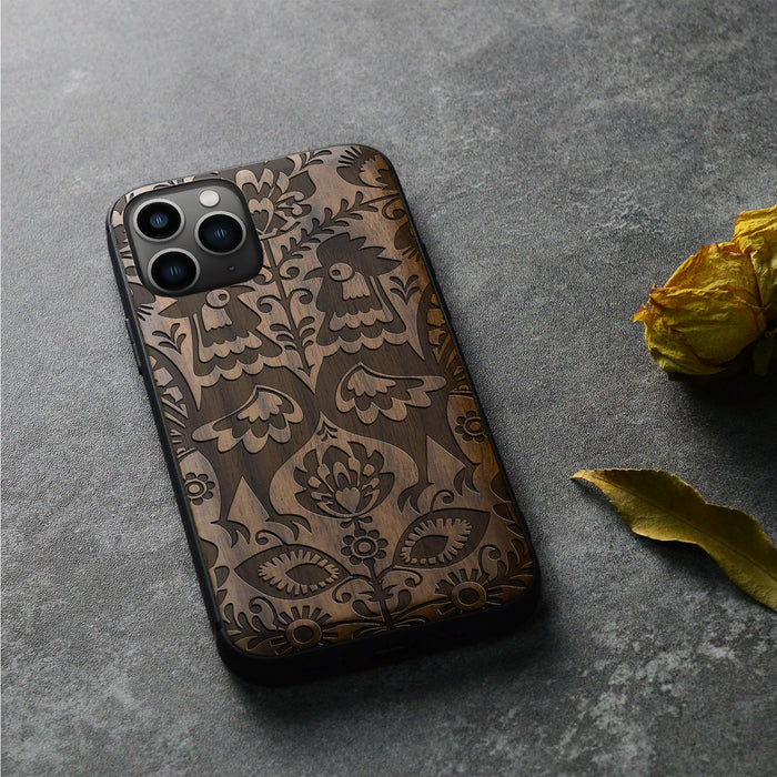 Polish Folk Art with Roosters and Florals, Classic Engraved Wood & TPU Case - Artisanal Cover for Apple iPhone