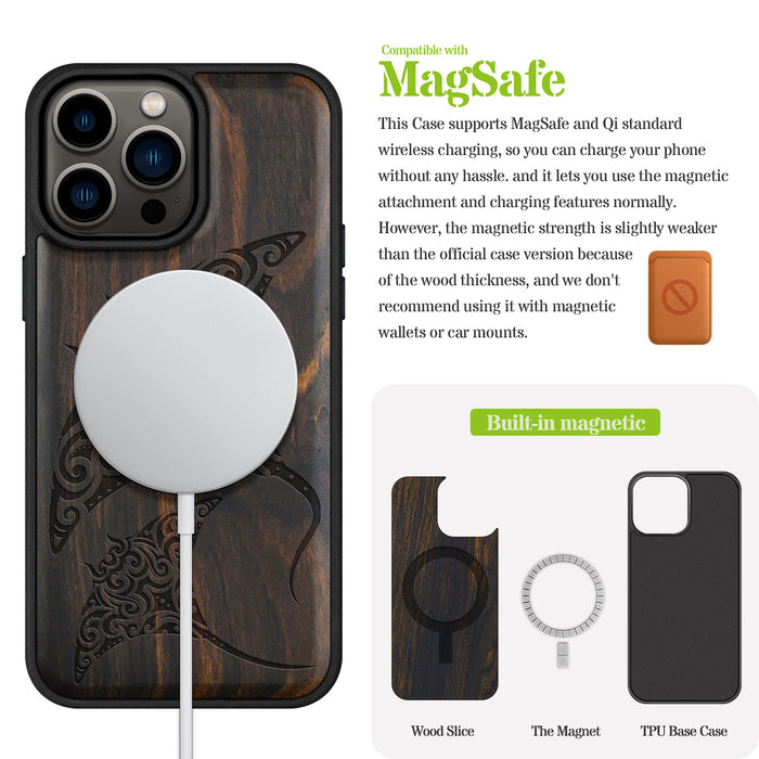 Polynesian Manta Rays, Classic Engraved Wood & TPU Case - Artisanal Cover for Apple iPhone