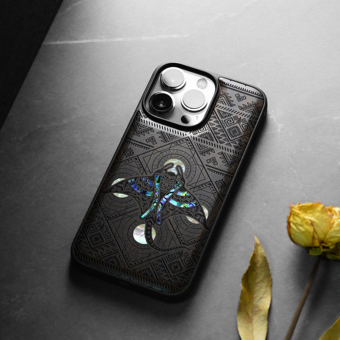 The Tribal Manta Ray, Hand-Inlaid Wood & Mother of Pearl Case - Artisanal Cover for Apple iPhone