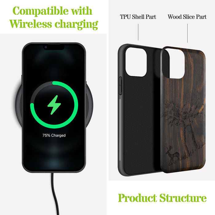 Lone Deer Amidst the Trees, Classic Engraved Wood & TPU Case - Artisanal Cover for Apple iPhone