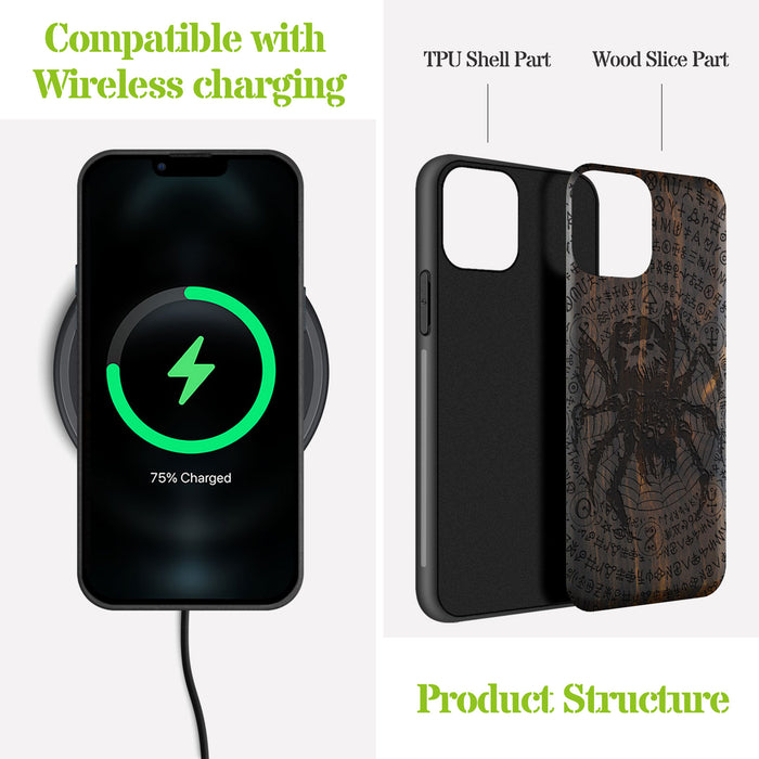 Enigmatic Black Spider Amidst Runes, Classic Engraved Wood & TPU Case - Artisanal Cover for Apple iPhone