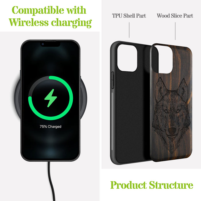 Realistic Wolf Linework Art, Classic Engraved Wood & TPU Case - Artisanal Cover for Apple iPhone