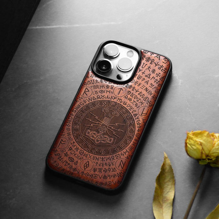 Mjölnir and the Runes, Classic Engraved Wood & TPU Case - Artisanal Cover for Apple iPhone