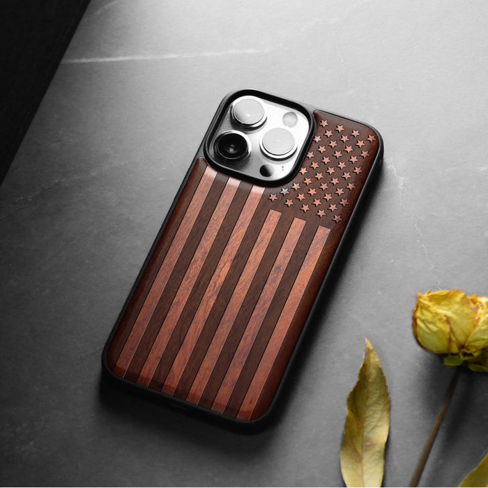 The Classic American Flag, Classic Engraved Wood & TPU Case - Artisanal Cover for Apple iPhone