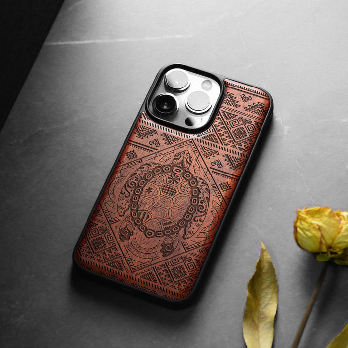 The Beautiful Turtle, Classic Engraved Wood & TPU Case - Artisanal Cover for Apple iPhone