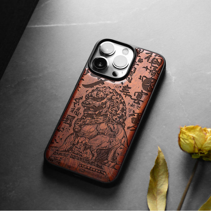 The Chinese Guardian Lions, Classic Engraved Wood & TPU Case - Artisanal Cover for Apple iPhone