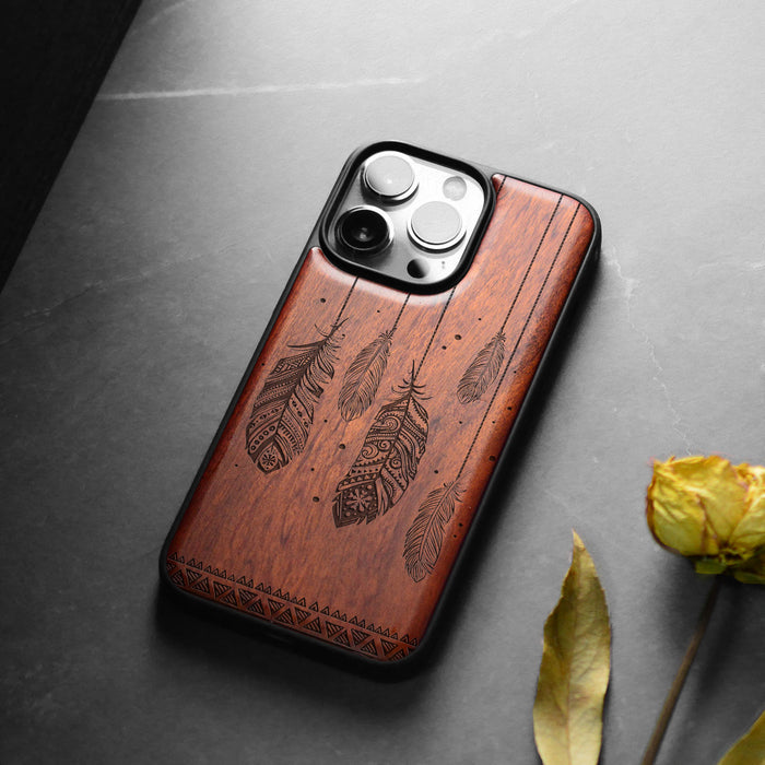 The Feathered Tapestry, Classic Engraved Wood & TPU Case - Artisanal Cover for Apple iPhone