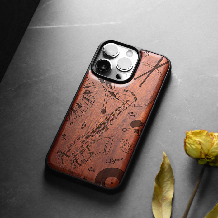 The Saxophone Serenade, Classic Engraved Wood & TPU Case - Artisanal Cover for Apple iPhone