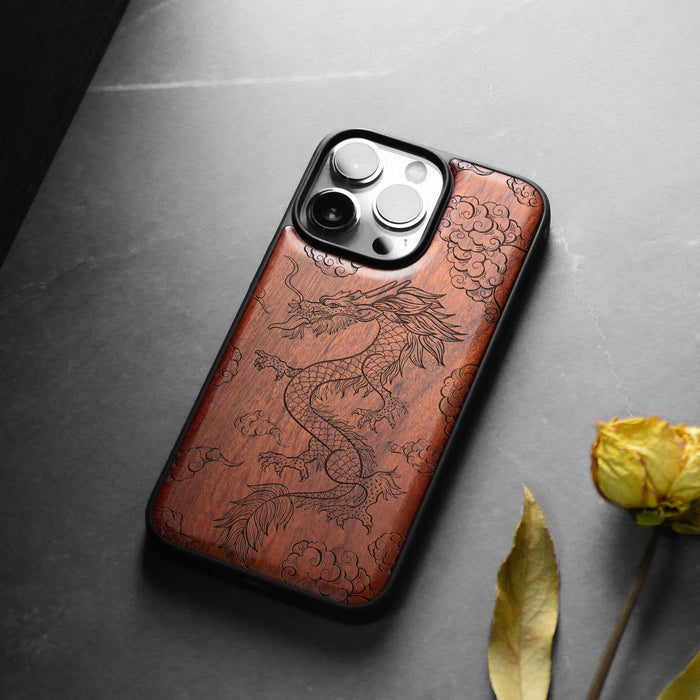 The Dragon's Ascent, Classic Engraved Wood & TPU Case - Artisanal Cover for Apple iPhone