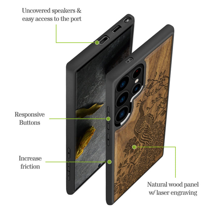 The Majestic Asian Peacock, Classic Engraved Wood & TPU Case - Artisanal Cover for Samsung Galaxy