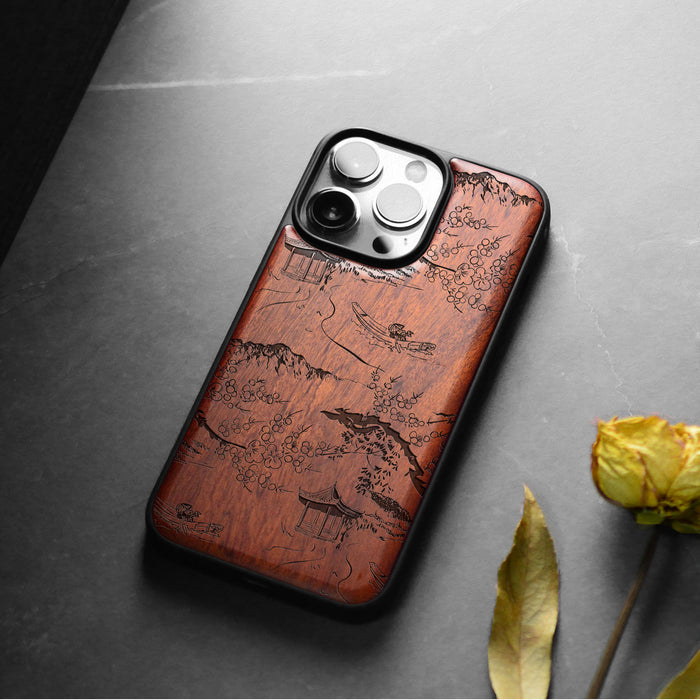 An Intricate Chinese Landscape, Classic Engraved Wood & TPU Case - Artisanal Cover for Apple iPhone