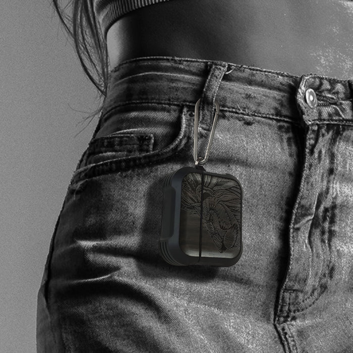 Lion Majesty - Wood Artisan Engraved & Shell Hand-Inlaid Cover - Artisanal Case for Apple AirPods (Titanium Quick Released Clasp)