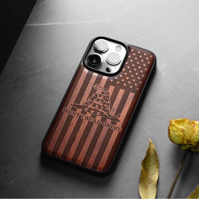 Gadsden and the American Flag, Classic Engraved Wood & TPU Case - Artisanal Cover for Apple iPhone