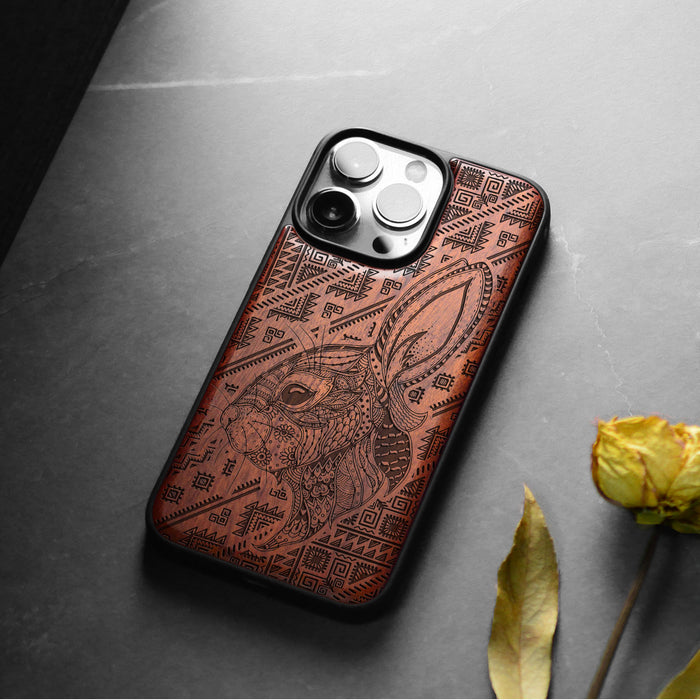 Zentangle Rabbit Amidst Geometry, Classic Engraved Wood & TPU Case - Artisanal Cover for Apple iPhone